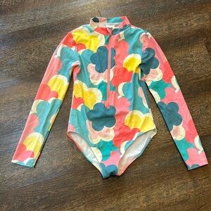 Mini Boden Girls Long Sleeve Swimsuit in Teal, Pink & Coral Cloud Print